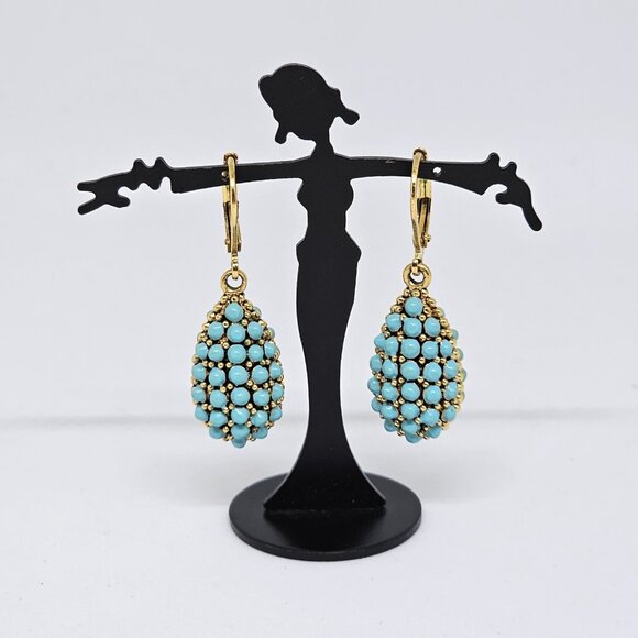 Joan Rivers Faux Turquoise Encrusted Egg Lever Back Pierced Earrings Teardrop - Picture 8 of 12